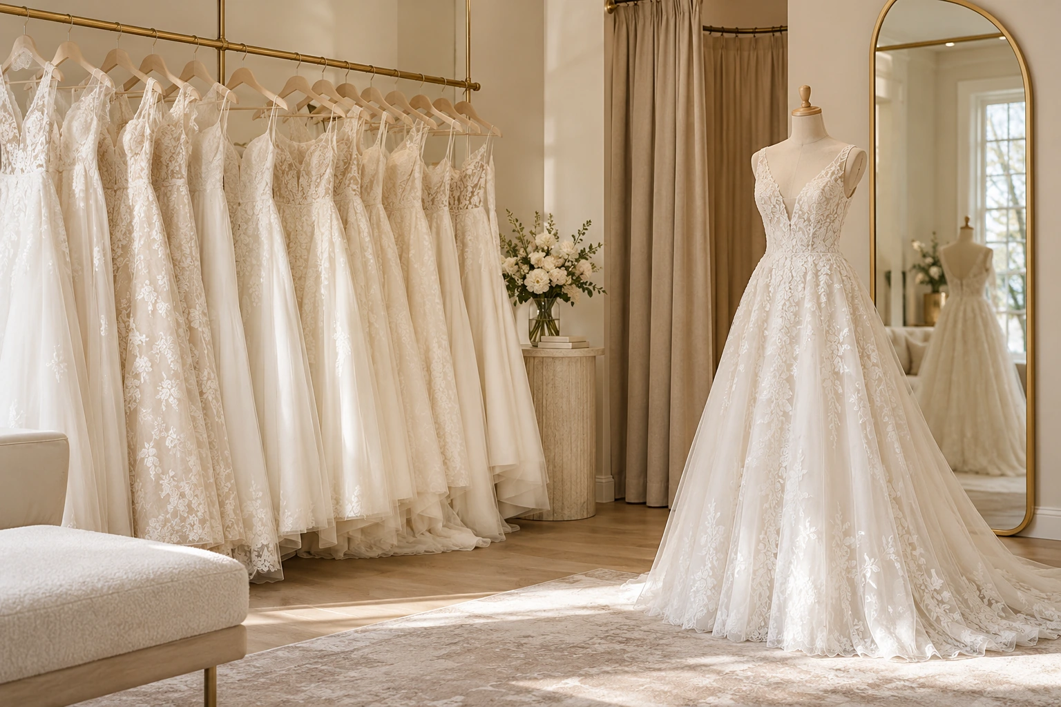 Wedding gown displays and fitting area in an independent bridal boutique