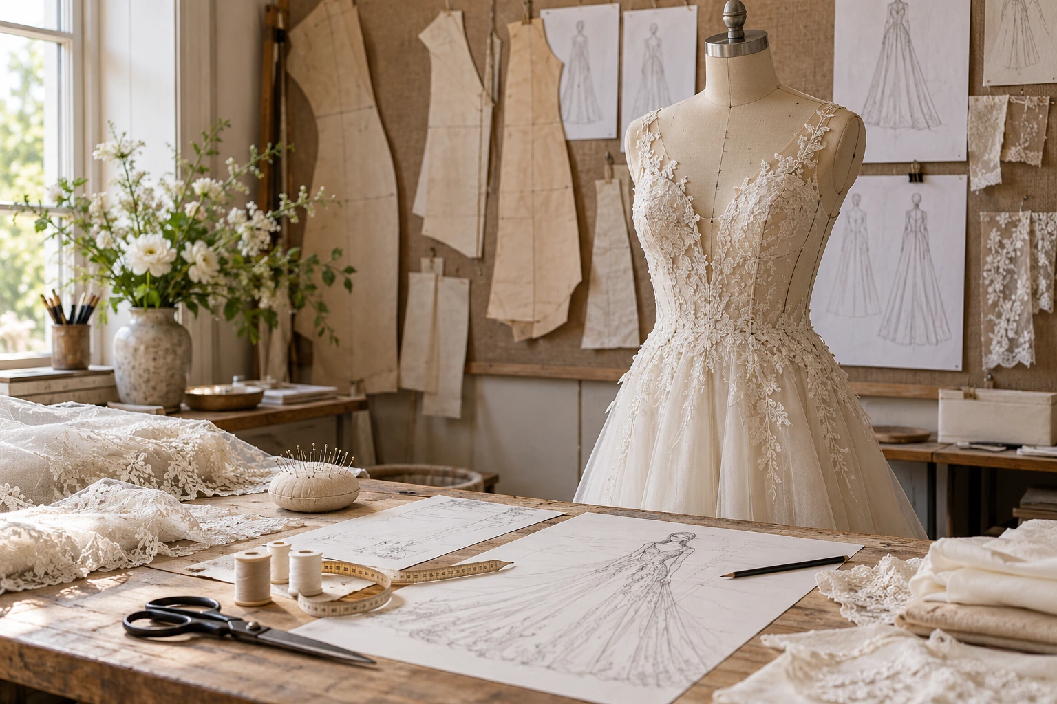 Wedding dress prototype, pattern pieces and sketches in a design studio