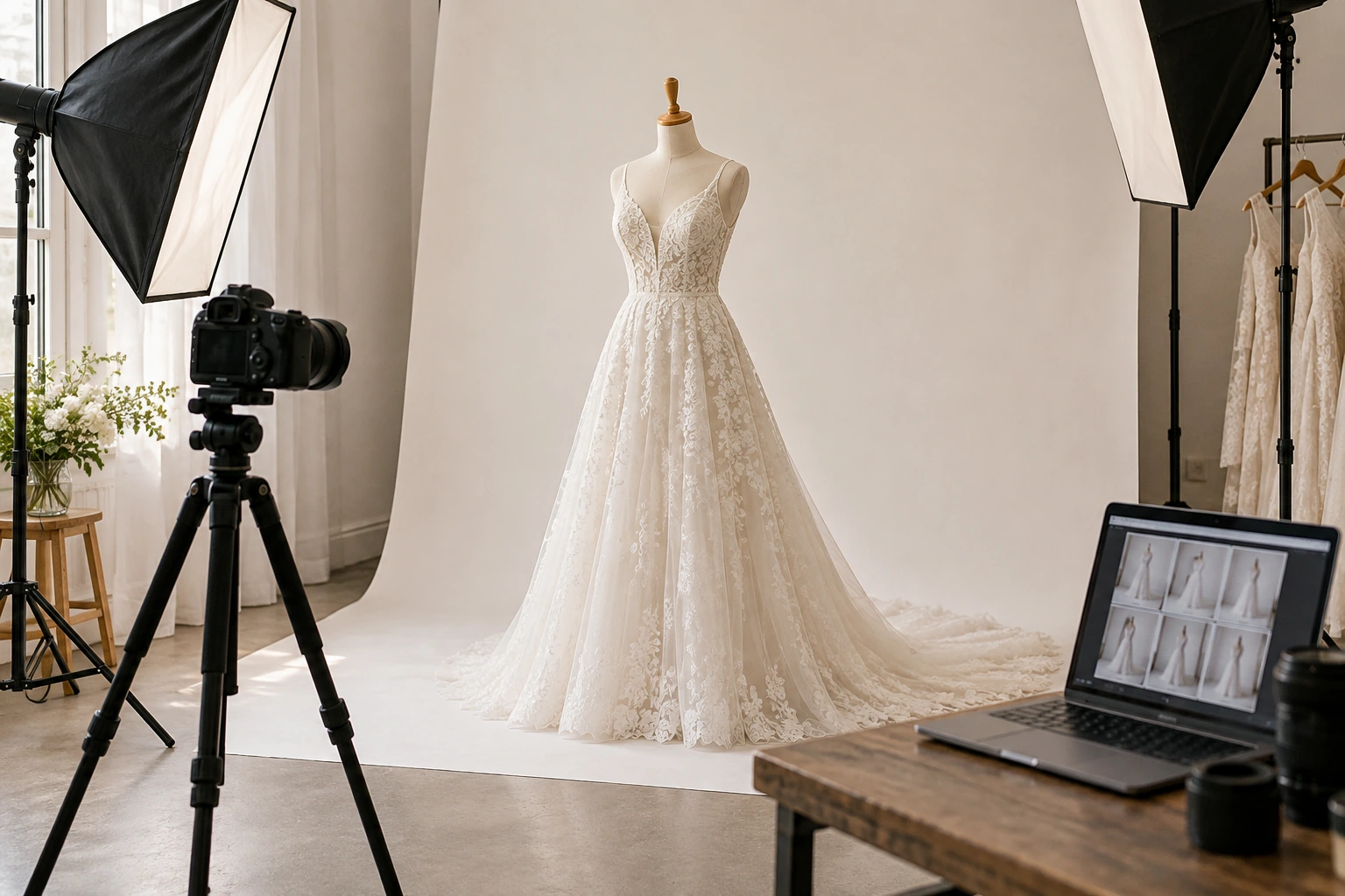 Wedding dress photography setup for an online bridal retailer