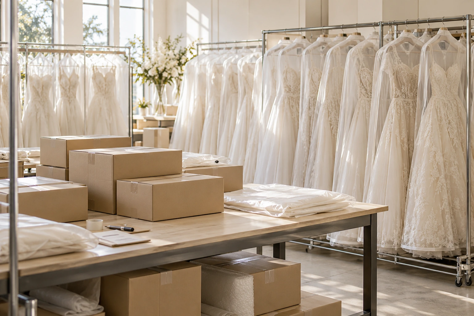 Bridal garments and cartons prepared for wholesale order dispatch