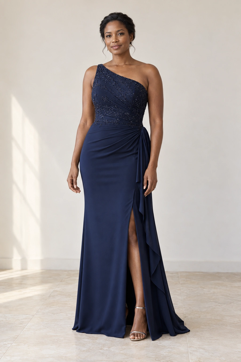Navy one-shoulder beaded evening dress with a draped skirt