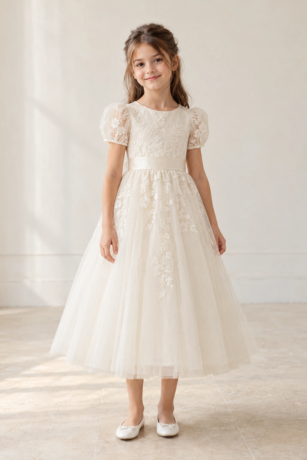 Ivory embroidered flower girl dress with puff sleeves and a tea-length skirt