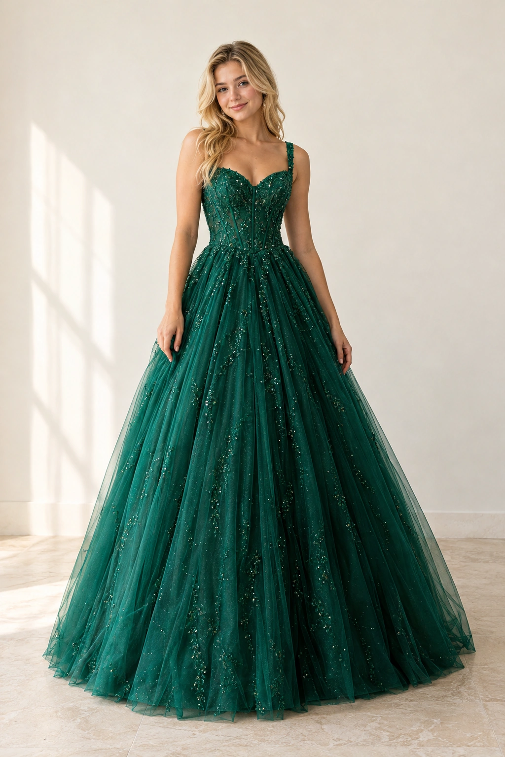 Emerald green prom dress with a full tulle skirt and subtle sparkle