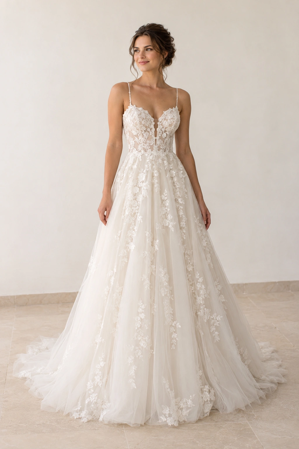 Full-length ivory lace wedding dress with an A-line tulle skirt