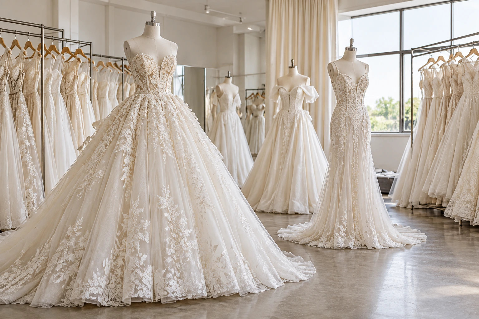 Wedding gowns arranged in the workshop
