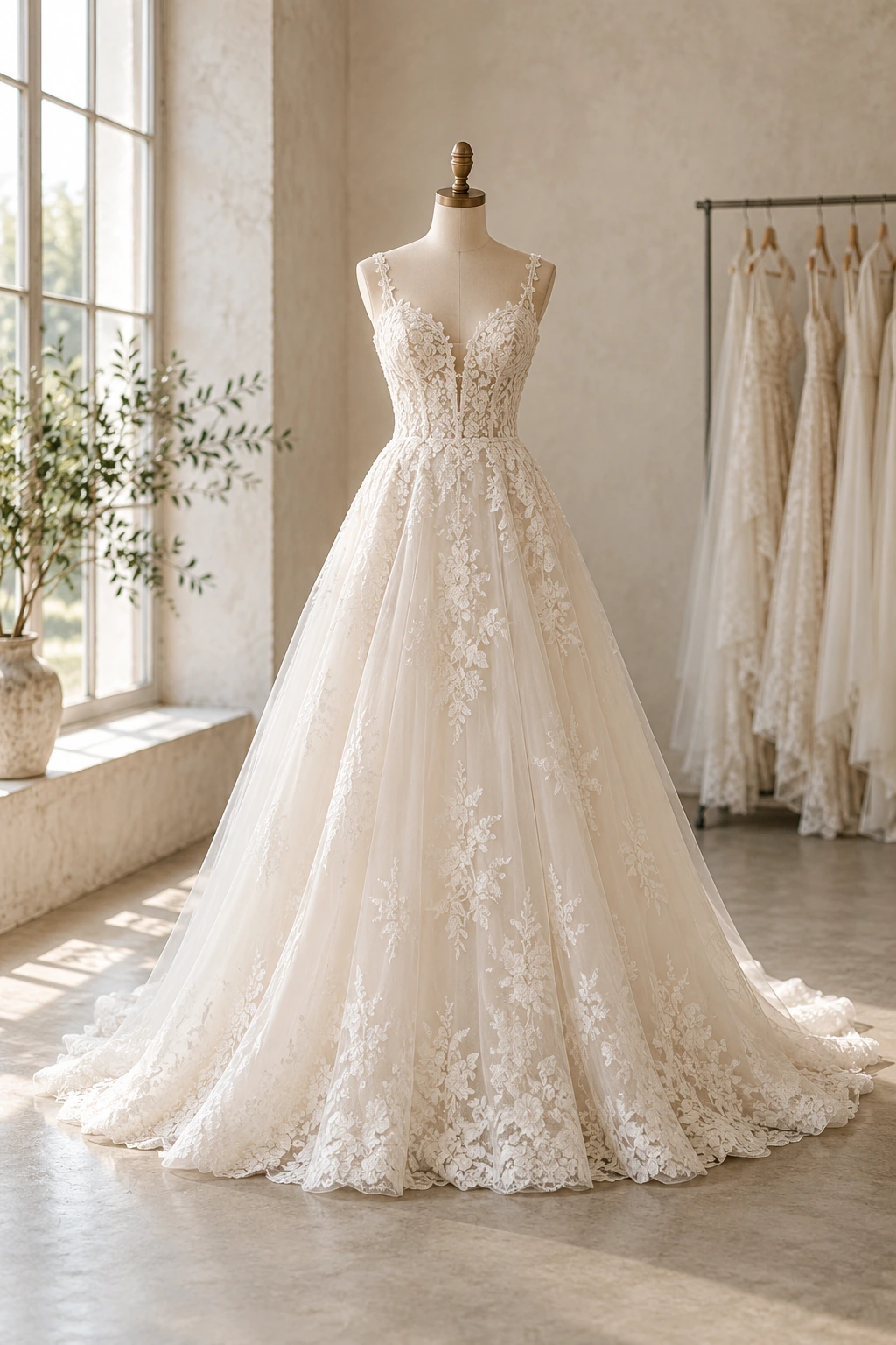 Wedding gown on a dress form in the atelier