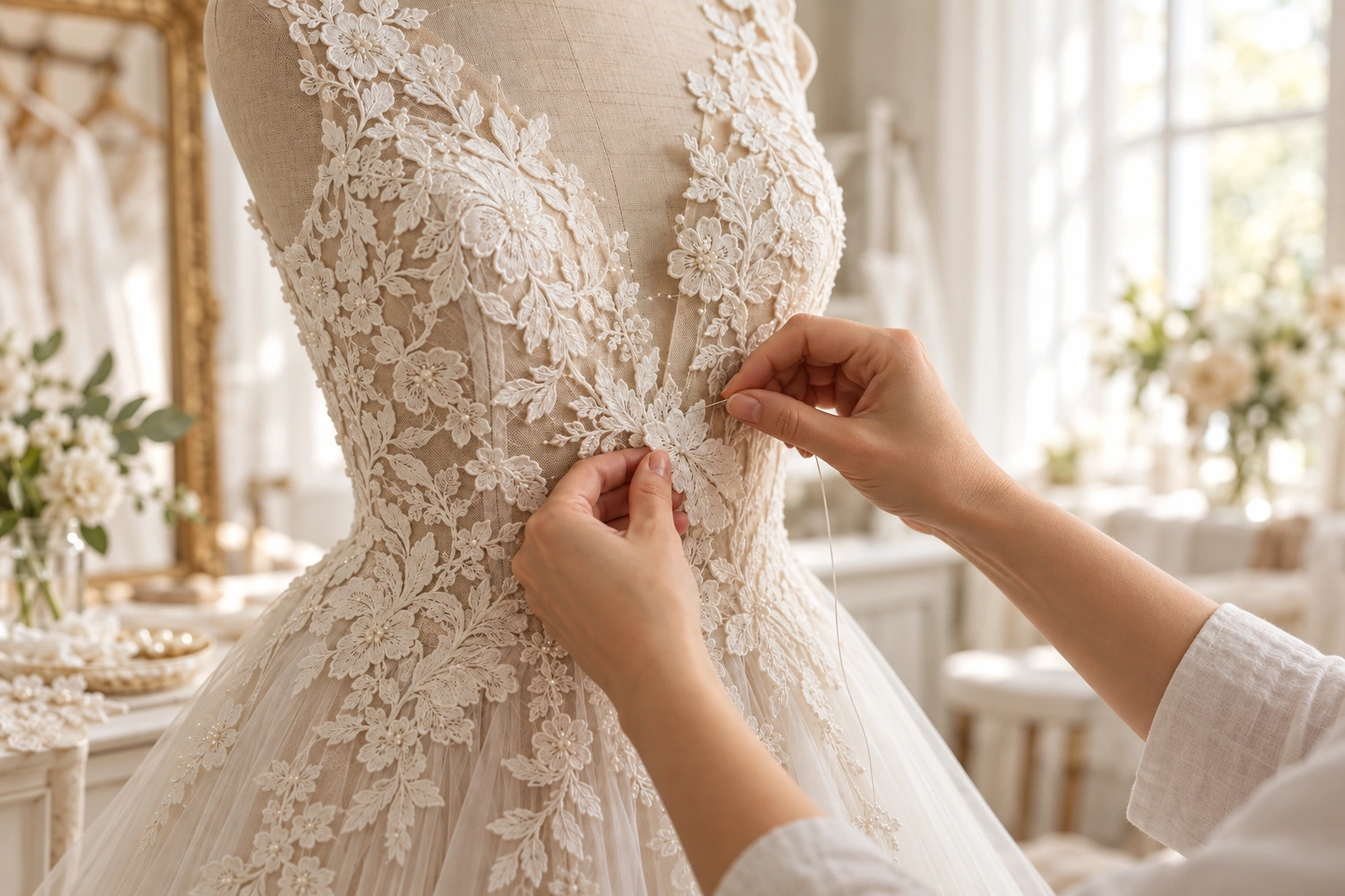 Hand finishing floral lace on a wedding gown